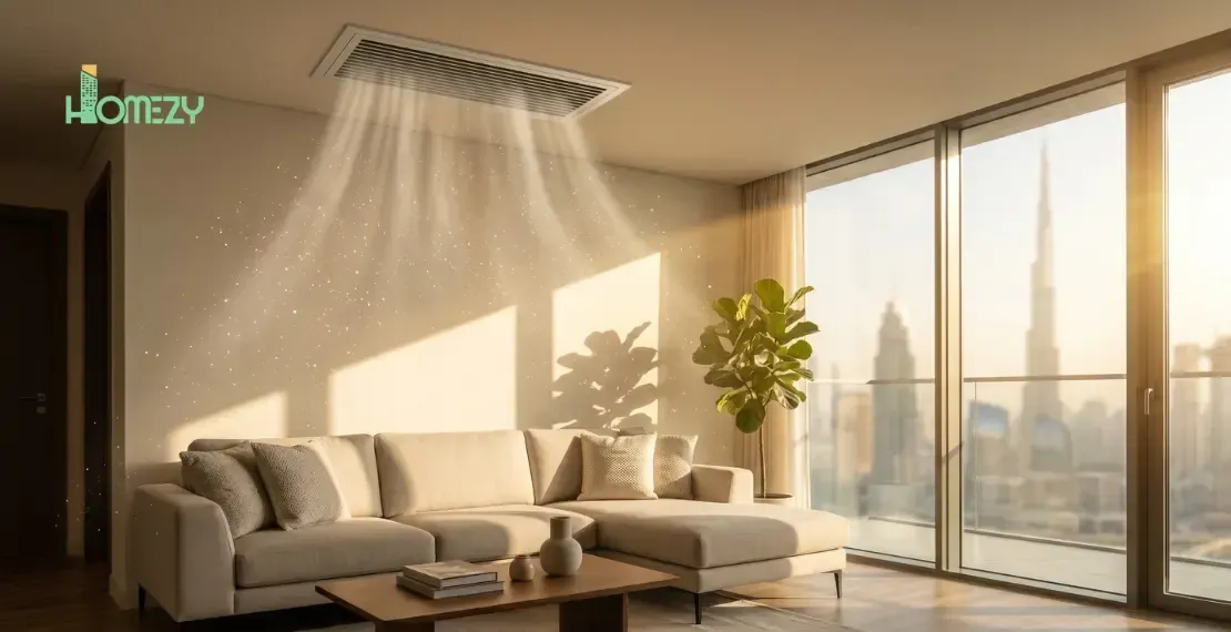 Dust blowing from a ceiling air-conditioning vent in a Dubai living room before duct cleaning.