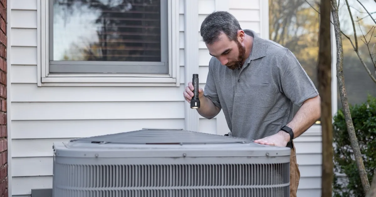 A technician uses a flashlight to inspect an outdoor AC condenser unit during a routine maintenance check.