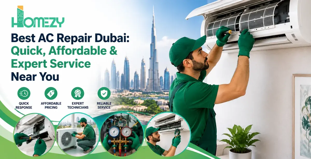 A technician diagnosing a faulty air conditioning unit during an AC repair call in Dubai.
