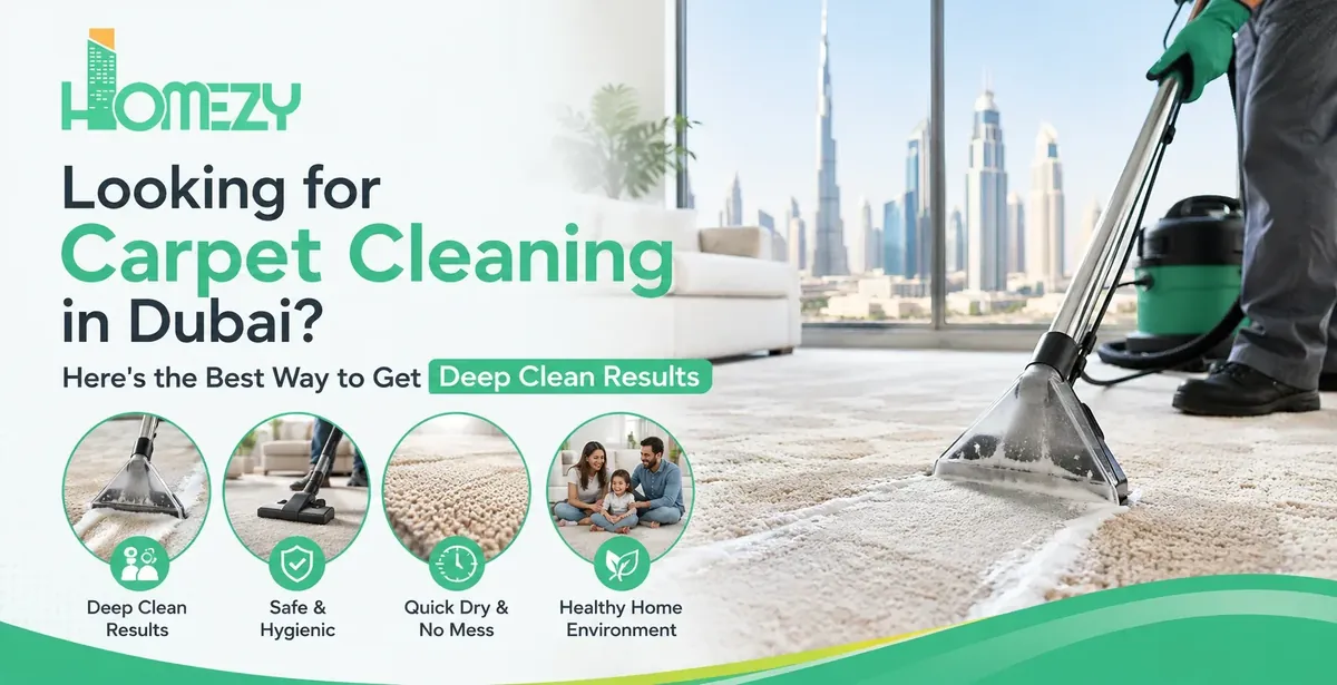 Deep cleaning a carpet in a Dubai home using professional extraction equipment.