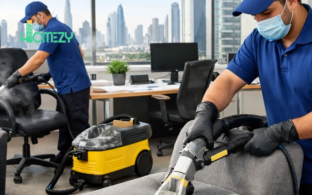 Upholstered furniture being deep cleaned in a Dubai home.