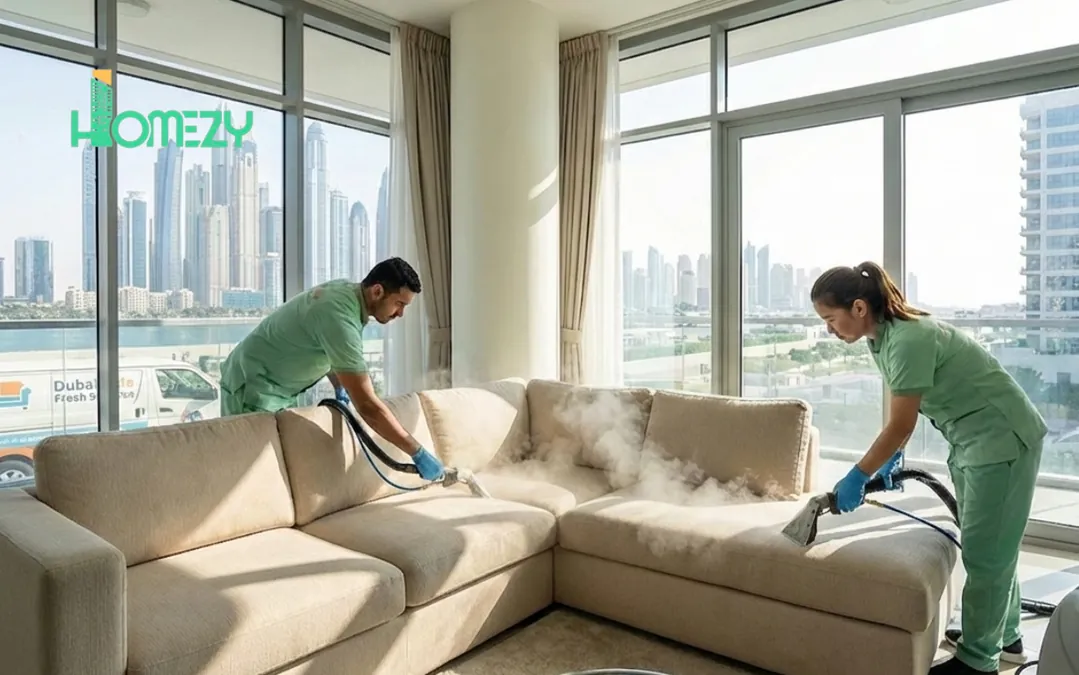 A fabric sofa being shampooed and extracted during a sofa cleaning visit in Dubai.