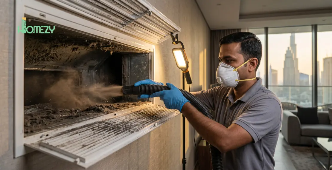 Technician cleaning dirty AC duct with vacuum in Dubai