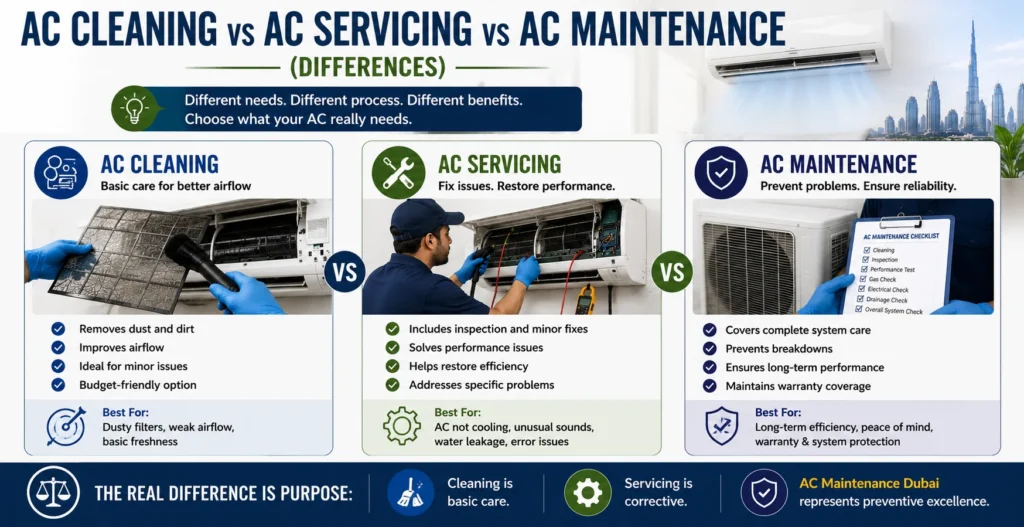 AC Cleaning vs AC Servicing vs AC Maintenance (Differences)